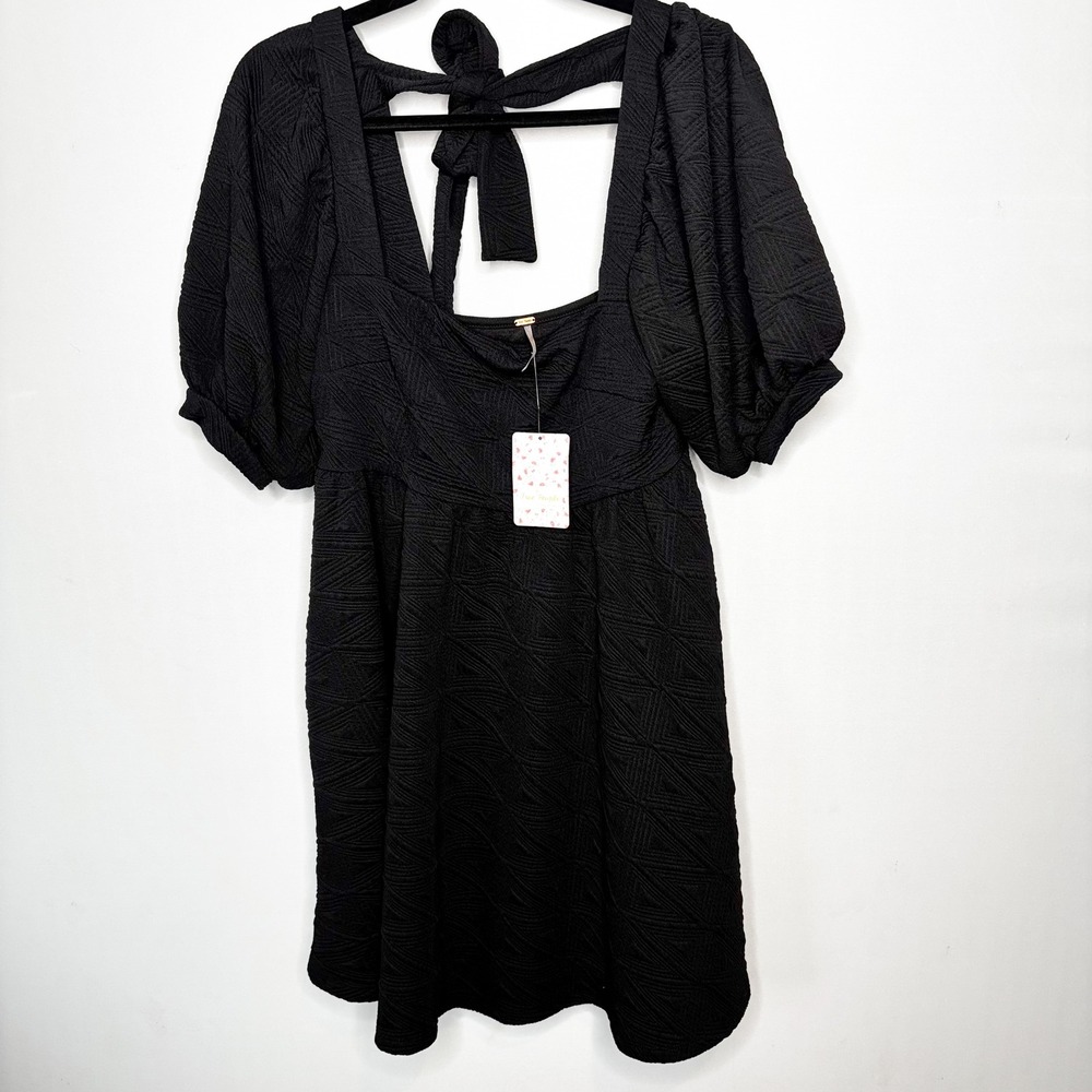 Free People Violet Mini Dress‎ Black Textured Puff Sleeve Open Back Tie Size S - Picture 3 of 10